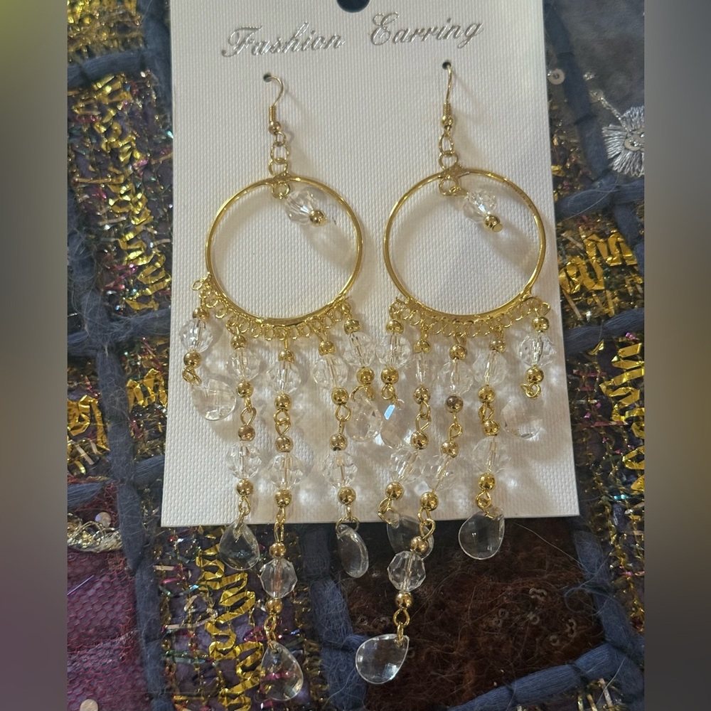 🌸4 for $10 NWT Gold and Clear Bead Long  Dangle Earrings